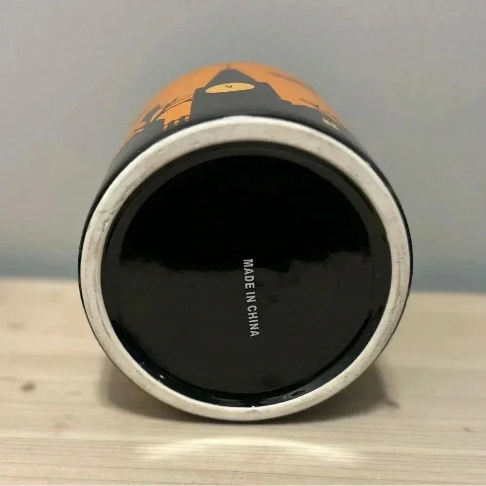 Halloween Canister Spooky Town Witch, Moon, Stars, Bats, Owl, Black Cat, Pumpkin